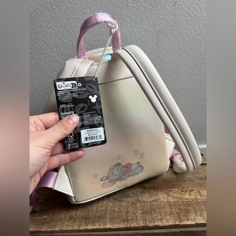 NWT Loungefly Disney Stitch & Angel Cherry Blossom Heart Mini Backpack SOLD OUT - Picture 4 of 6